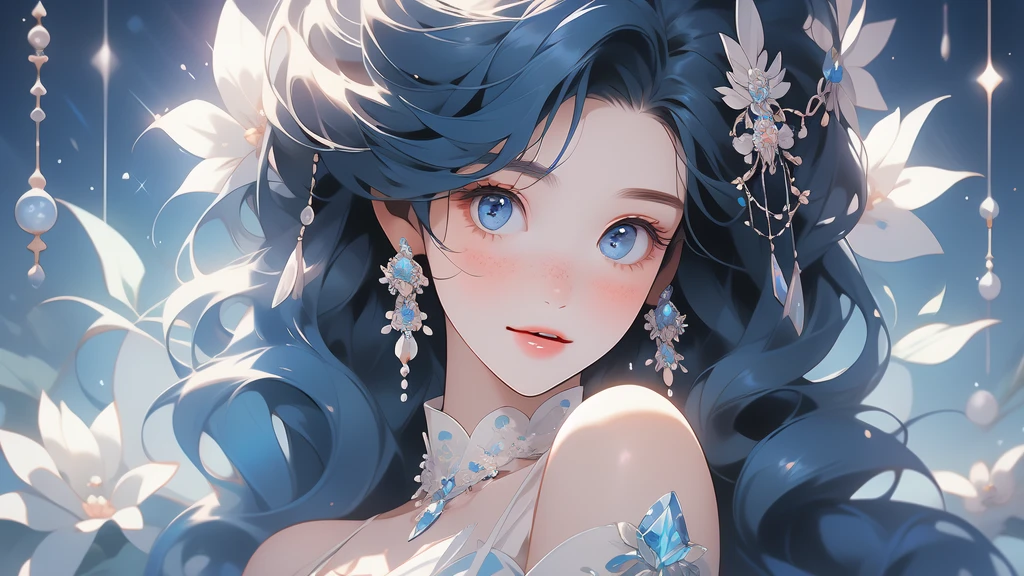 a pretty young woman with flowers and jewels on her dress and head, 1girl, solo, jewelry, flower,  hair, earrings, hair ornament, freckles, hair flower, looking at viewer, long hair, parted lips, bare shoulders,crystalline dress,Marinette, blue_eyes, Marinette Dupain-Cheng, smile, 