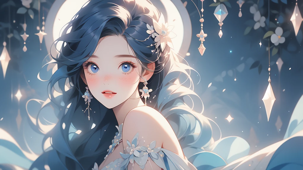 a pretty young woman with flowers and jewels on her dress and head, 1girl, solo, jewelry, flower, hair, earrings, hair ornament, freckles, hair flower, looking at viewer, long hair, parted lips, bare shoulders,crystalline dress,Marinette, blue_eyes, Marinette Dupain-Cheng, smile,