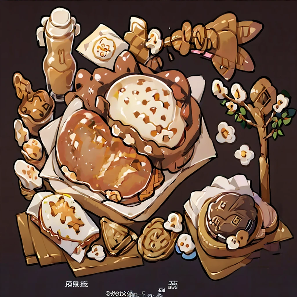 cute artstyle, brown bakery, milky, brown bread, bakery shop, theme, bread & cookies, white bread, paper bag filled with lots of bread , food menu list