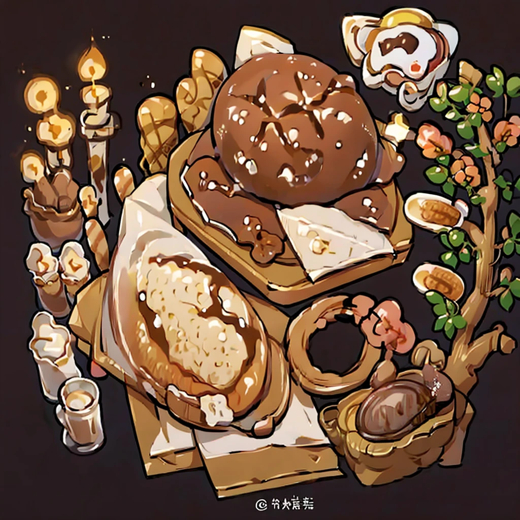 cute artstyle, brown bakery, milky, brown bread, bakery shop, theme, bread & cookies, white bread, paper bag filled with lots of bread , food menu list