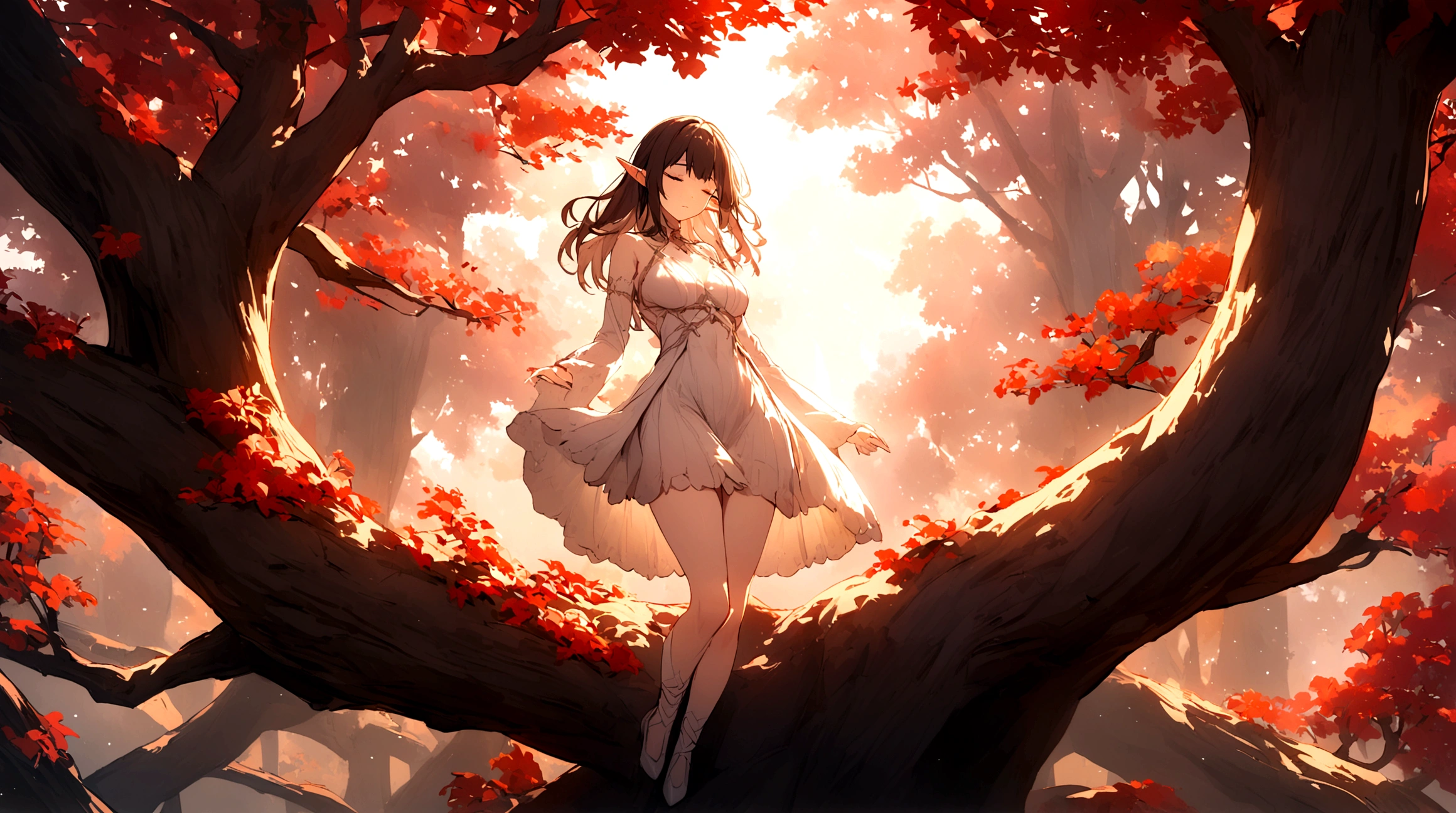 A girl,Elf,Girl sleeping on the tree,茂密的Big Tree,Big Tree,Morning Sunshine,Long gauze dress