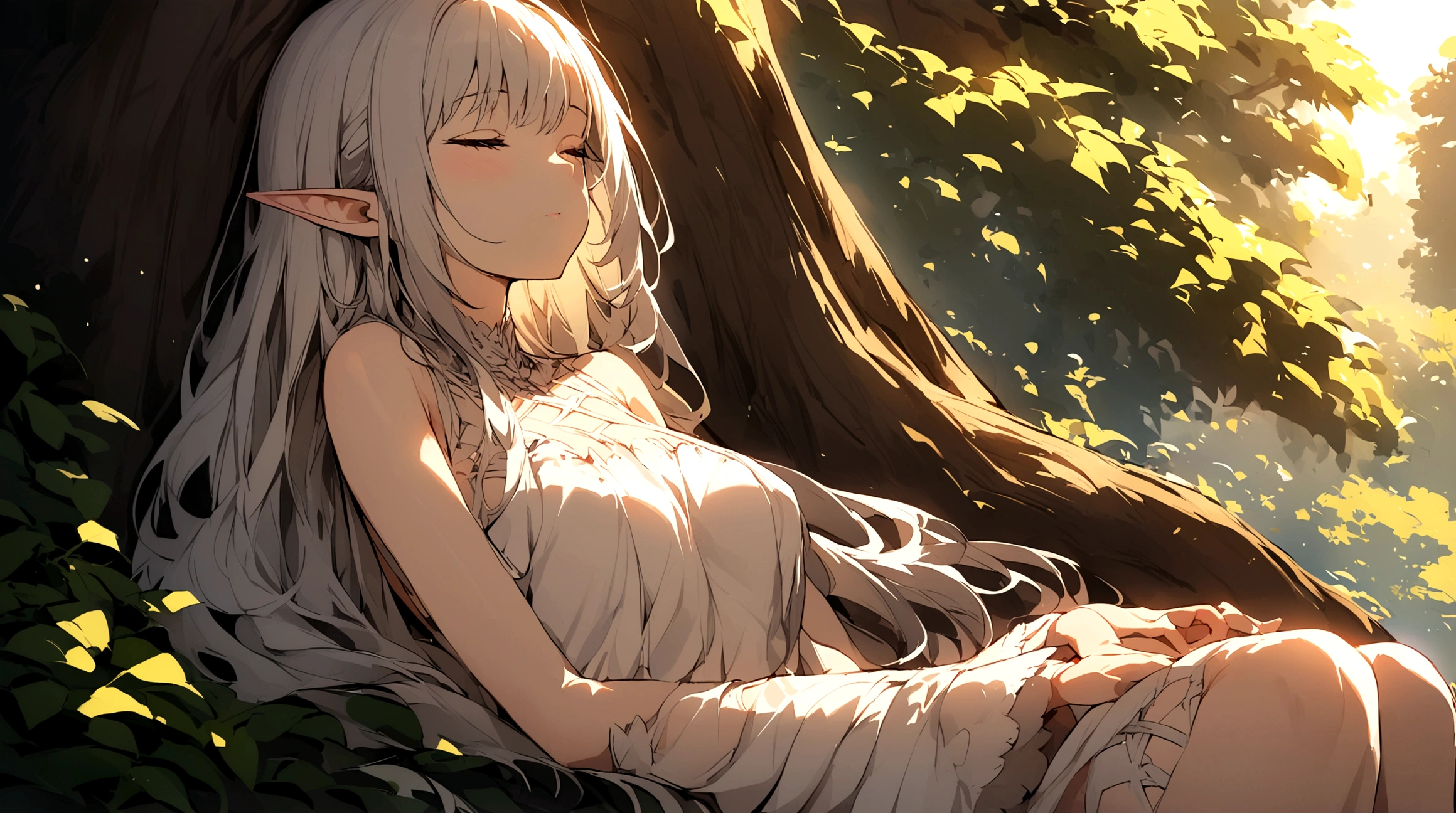 A girl,Elf,Girl sleeping on the tree,茂密的Big Tree,Big Tree,Morning Sunshine,Long gauze dress
