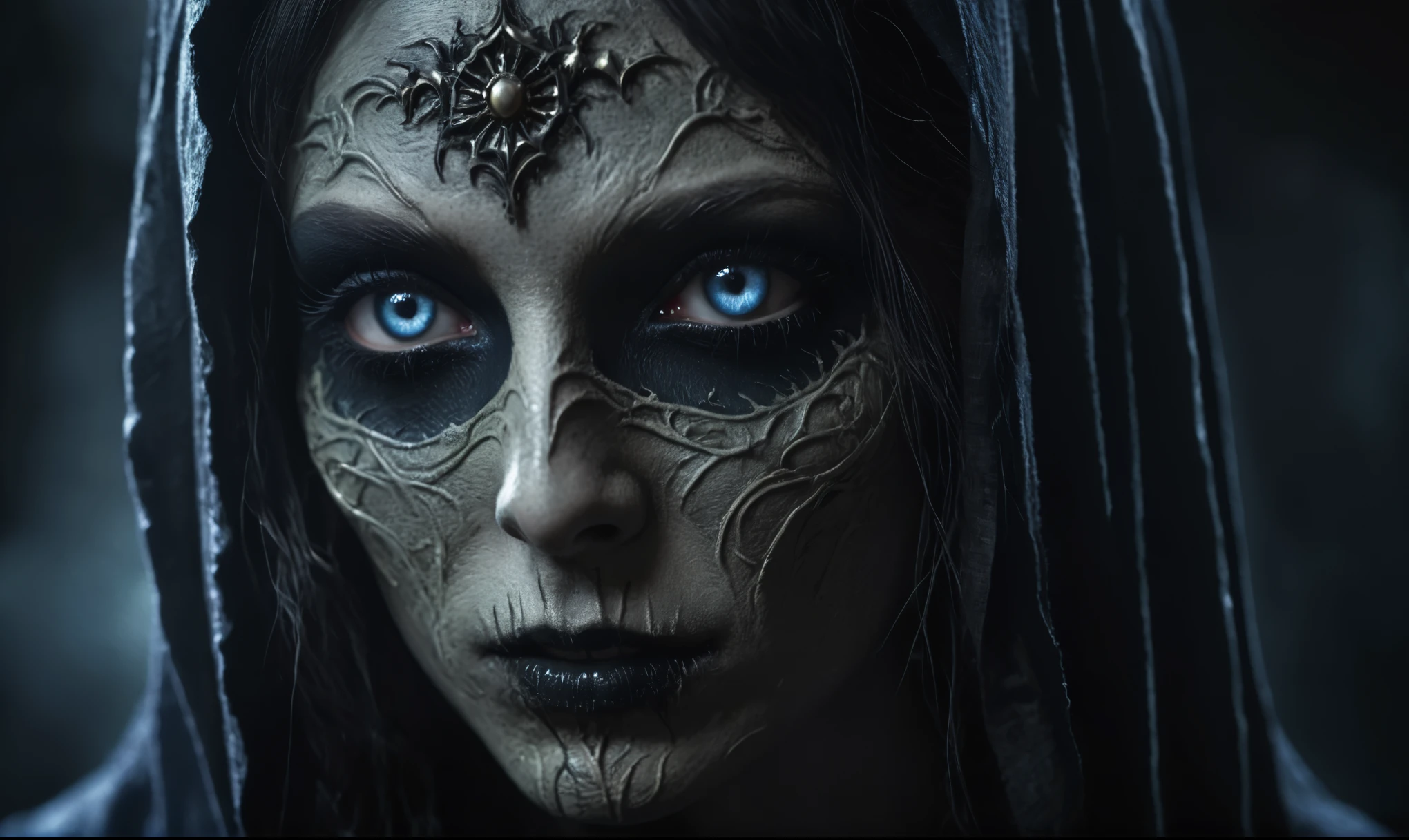 (((creature with a spectral and ghostly appearance)). Her skin is pale, almost translucent. His eyes shine with a bluish glow, he wears dark, torn clothes that float around him, as if permeated by an aura of mourning. Its appearance is complemented by details such symbols of mourning and gothic elements, further emphasizing its dark air. is portrayed as a haunted and tormented entity,{creature},face pretty face,extremely detailed,intricate details,eyes extremely detailed, high detailed eyes,16k resolution, realistic humid skin,extremely intricate details,Epic Realistic,face anatomically correct,Ultra HD,HDR, natural skin textures, hyper realism,realistic skin texture, hyper detailed,extremely Realism,Ultra Detailed,body logically correct

