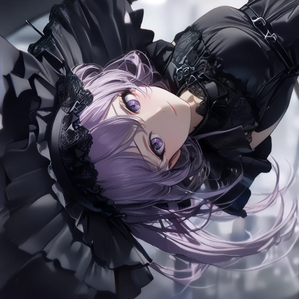 ultra detailed, 8K, (Cute a girl:1.5), (masterpiece:1.3), anime visual, (Black gothic lolita outfit, black boots, black parasol, sideways, :1.3 ), (Lovey-dovey:1.5), (tilt head:1.3), extremely delicate face, soft clean focus, realistic lighting and shading, (an extremely delicate and beautiful art:1.3), elegant, (muted colors:1.1),(one girl with closs hair pin,pale purple hair,wavy two braids,blunt bangs hair,green and black eyes.pink lips:1.4), small breast,slim,smile,Slender,morning lit,small breast,slim,smiling, full body shot, A starry sky, a gentle smile, look at viewer, morning lit,