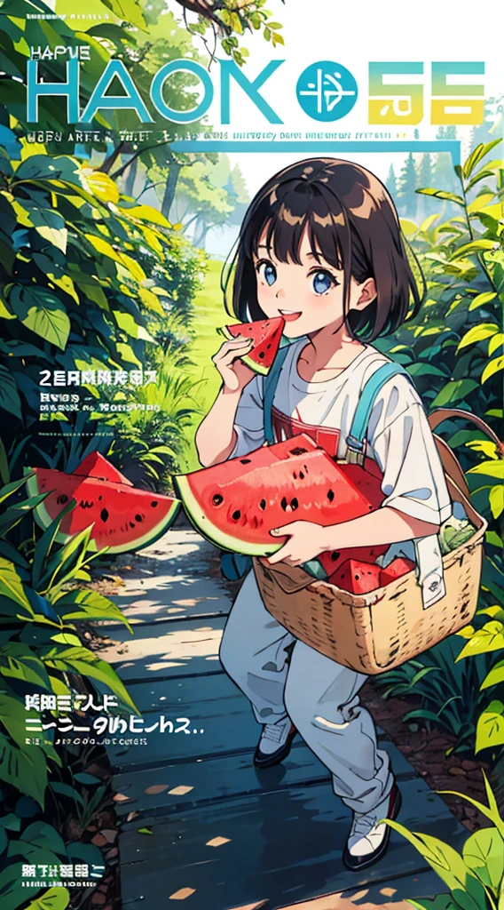 (best quality, masterpiece), Travel magazine cover,A child eating watermelon on a forest path, A big smile, Happy, , text, chart, , Magazine Name