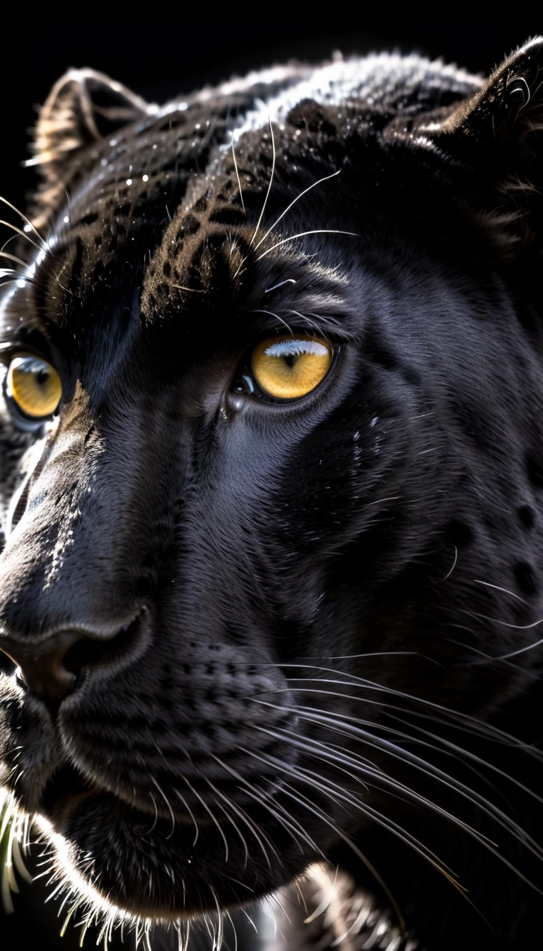 Close up of a panther, high contrast, black and white, backlit, silhouette, black background, backlight