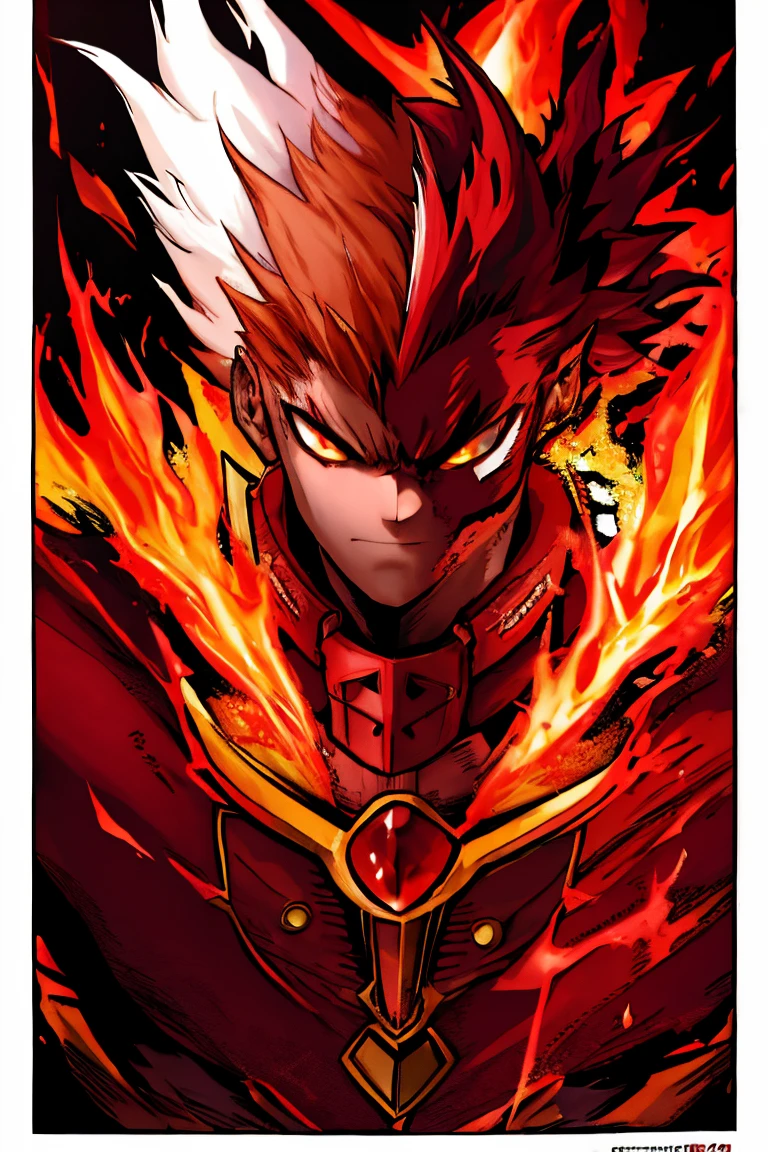 A young man with strong red hair, spiky hair, Look of Fury, kitsune mouth mask, fury fox, blood red fire.