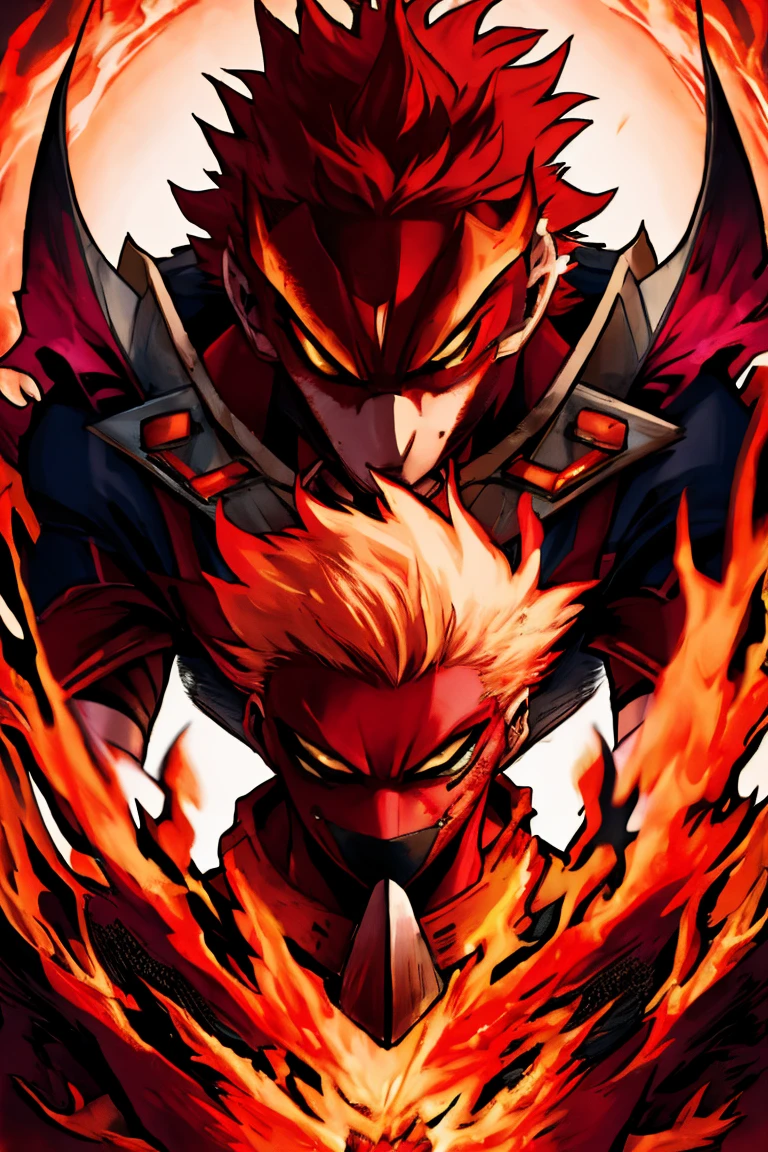 A young man with strong red hair, spiky hair, Look of Fury, kitsune mouth mask, fury fox, blood red fire.