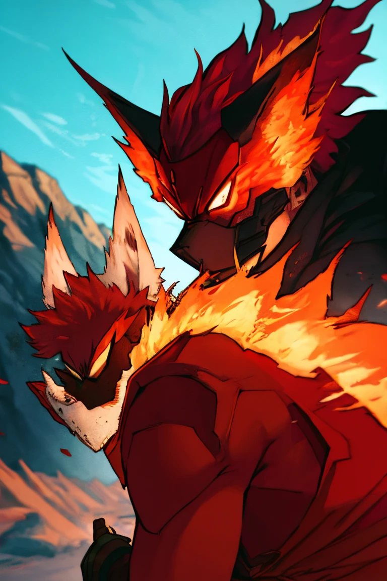 A young man with strong red hair, spiky hair, Look of Fury, kitsune mouth mask, fury fox, blood red fire.