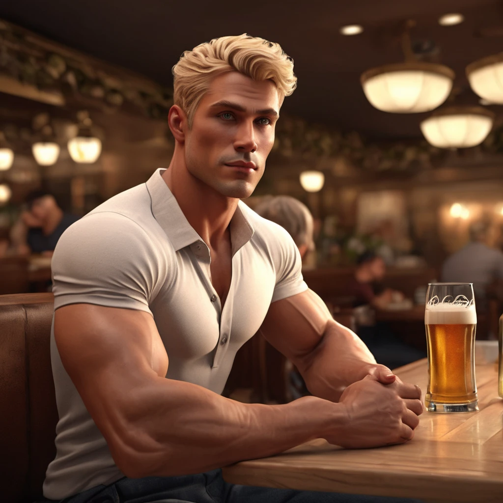 a handsome muscular blonde man in a restaurant,1man,detailed facial features,detailed eyes,detailed lips,detailed nose,detailed face,extremely detailed facial features,beer belly,sitting at table,photorealistic,realistic,8k,detailed lighting,cinematic lighting,dramatic lighting,dramatic shadows,warm colors,golden hour lighting,elegant restaurant interior,high quality,extremely detailed,masterpiece