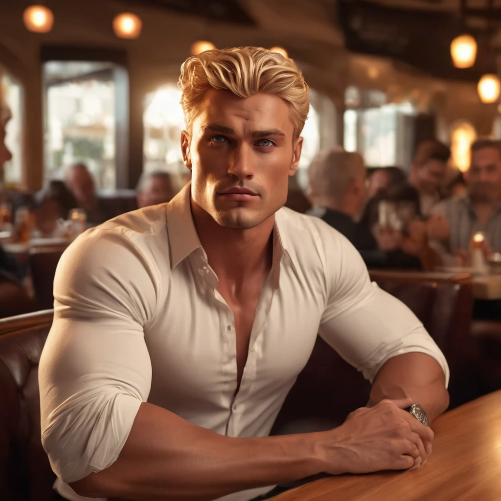 a handsome muscular blonde man in a restaurant,1man,detailed facial features,detailed eyes,detailed lips,detailed nose,detailed face,extremely detailed facial features,beer belly,sitting at table,photorealistic,realistic,8k,detailed lighting,cinematic lighting,dramatic lighting,dramatic shadows,warm colors,golden hour lighting,elegant restaurant interior,high quality,extremely detailed,masterpiece