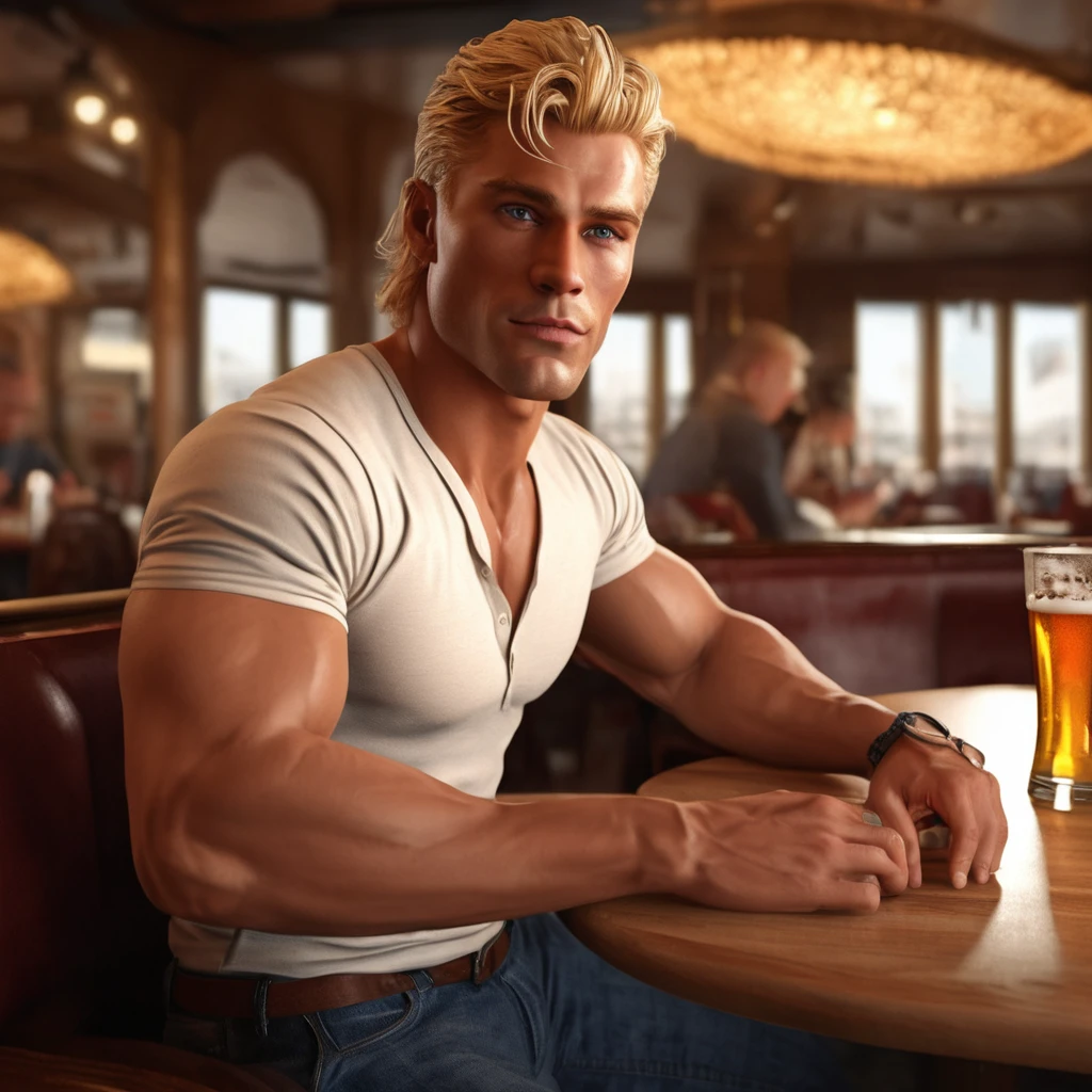 a handsome muscular blonde man in a restaurant,1man,detailed facial features,detailed eyes,detailed lips,detailed nose,detailed face,extremely detailed facial features,beer belly,sitting at table,photorealistic,realistic,8k,detailed lighting,cinematic lighting,dramatic lighting,dramatic shadows,warm colors,golden hour lighting,elegant restaurant interior,high quality,extremely detailed,masterpiece