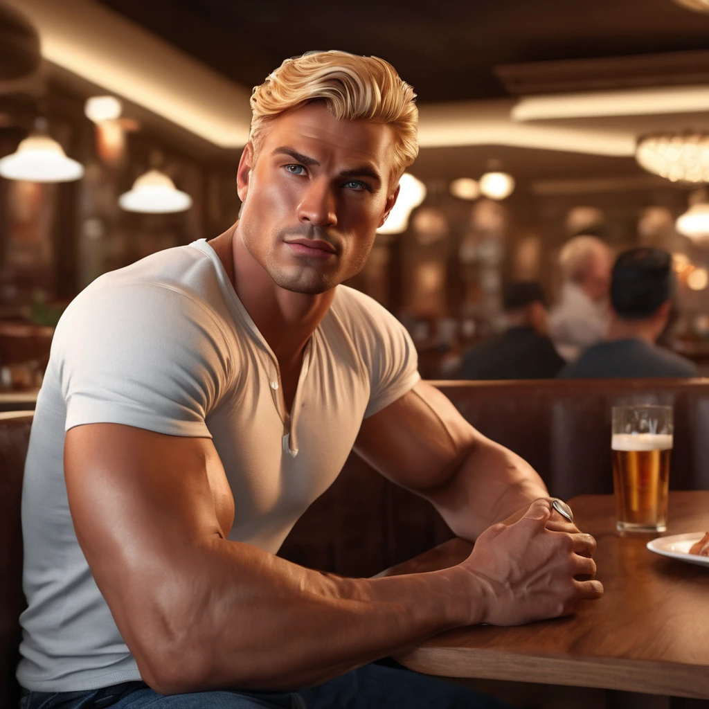 a handsome muscular blonde man in a restaurant,1man,detailed facial features,detailed eyes,detailed lips,detailed nose,detailed face,extremely detailed facial features,beer belly,sitting at table,photorealistic,realistic,8k,detailed lighting,cinematic lighting,dramatic lighting,dramatic shadows,warm colors,golden hour lighting,elegant restaurant interior,high quality,extremely detailed,masterpiece