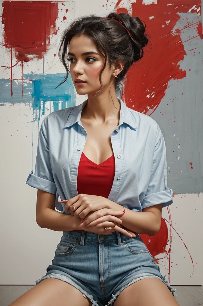 A mesmerizing sketch of a passionate female artist, dressed in a blue blouse and white shorts, deeply immersed in her creative process. Kneeling on the gr
ound, she meticulously paints a vibrant red heart with the phrase "Boa Tarde" on a grey backdrop, showcasing her signature style. Her graceful figure is exquisitely rendered, with her loose-fitting shirt and messy bun hairstyle adding to the overall charm. The illustration masterfully blends elements of painterly, illustrative, and highly detailed styles, drawing inspiration from renowned artists such as Norman Rockwell, Carne Griffiths, Loish, and Perfect Anatomy. The bold contrast between the vivid red heart and grey background captures the artist's exuberant energy and distinctive vision, evoking a sense of vibrancy and life., vibrant