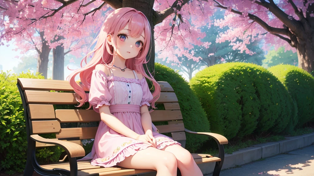 a cute anime girl, delicate facial features, big expressive eyes, long eyelashes, small nose, beautiful detailed lips, wavy pink hair, wearing a pastel colored dress, sitting on a bench in a dessert-themed background, colorful macarons, cupcakes, and candy surrounding her, sunlight streaming through trees, soft bokeh, detailed shading and shadows, vibrant colors, whimsical, kawaii aesthetic, cinematic lighting, highly detailed, 8k, photorealistic