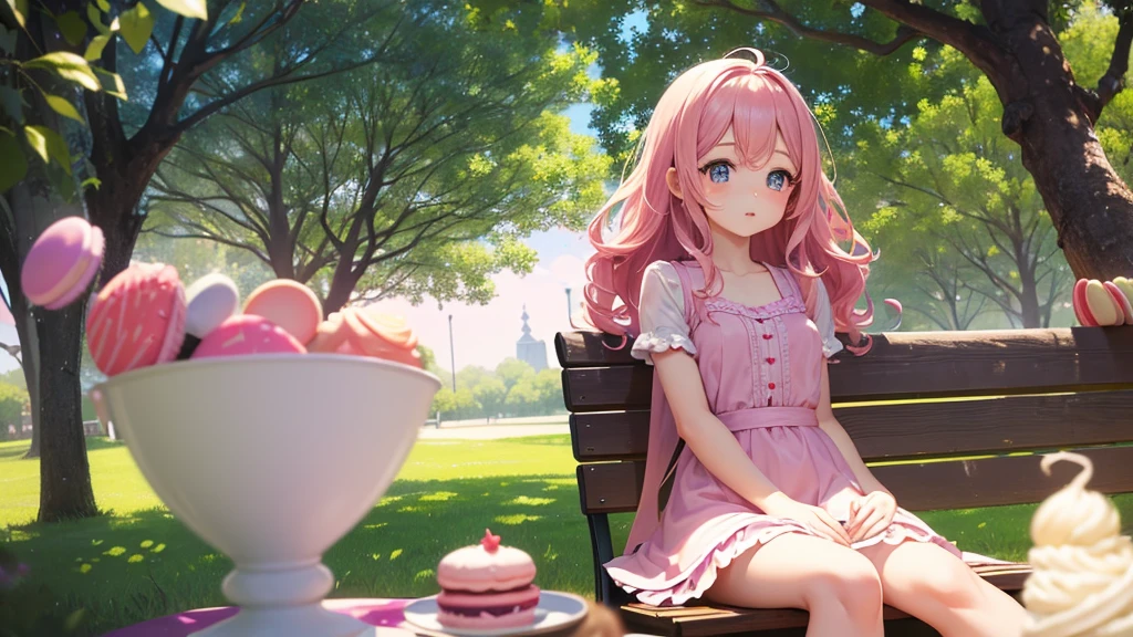 a cute anime girl, delicate facial features, big expressive eyes, long eyelashes, small nose, beautiful detailed lips, wavy pink hair, wearing a pastel colored dress, sitting on a bench in a dessert-themed background, colorful macarons, cupcakes, and candy surrounding her, sunlight streaming through trees, soft bokeh, detailed shading and shadows, vibrant colors, whimsical, kawaii aesthetic, cinematic lighting, highly detailed, 8k, photorealistic