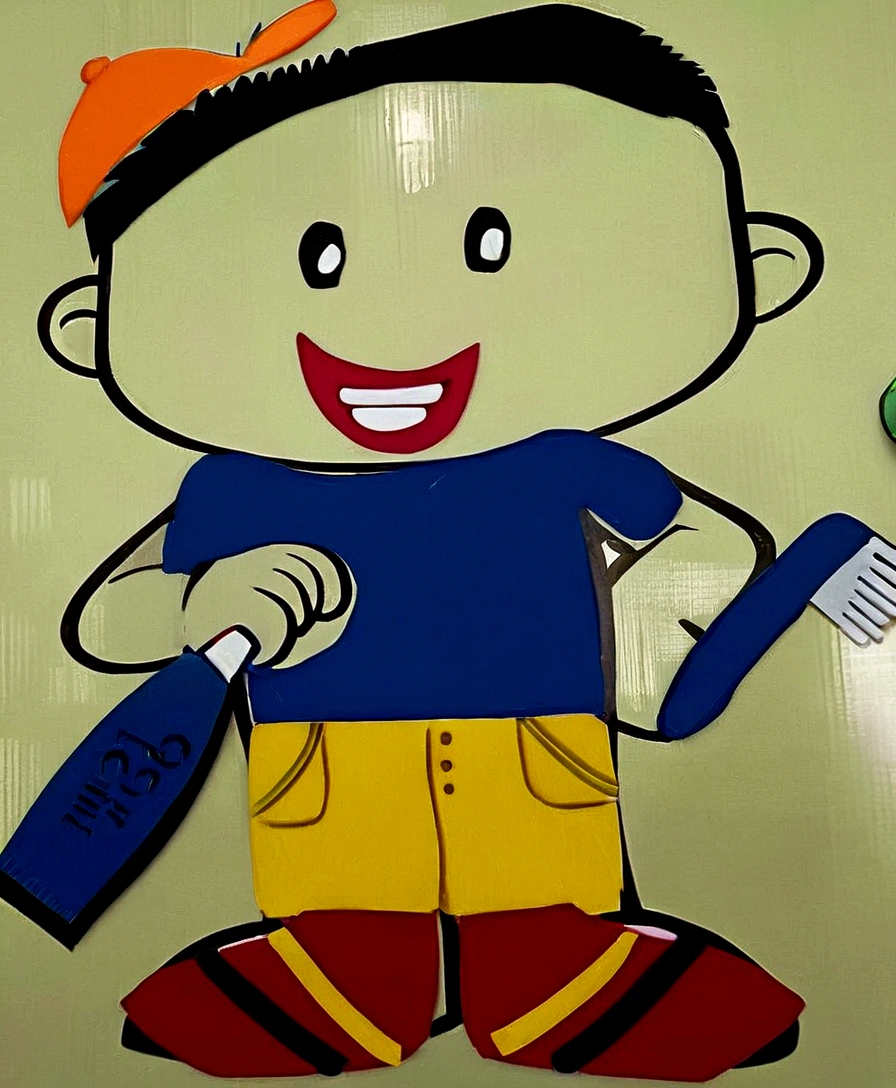 animation of boy with toothbrush and toothpaste in hands, with blue blouse, orange hat, yellow shorts and red shoes