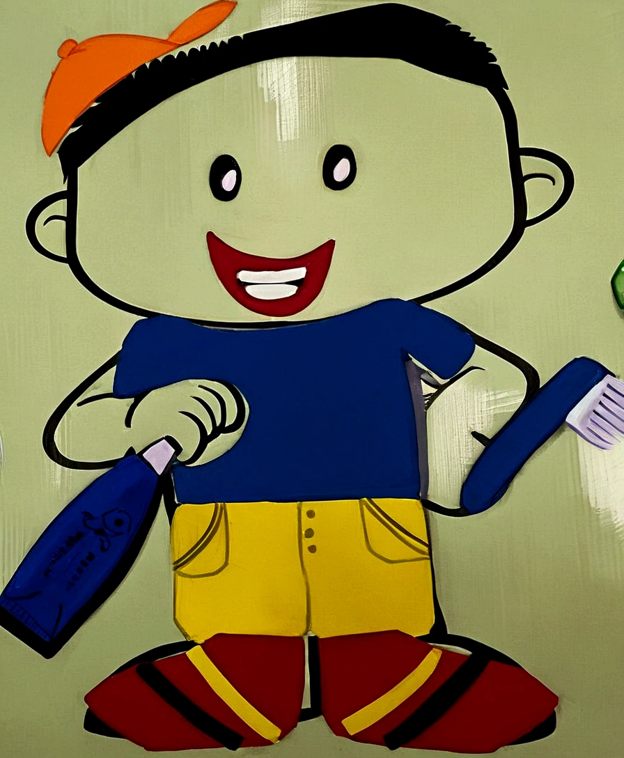 animation of boy with toothbrush and toothpaste in hands, with blue blouse, orange hat, yellow shorts and red shoes
