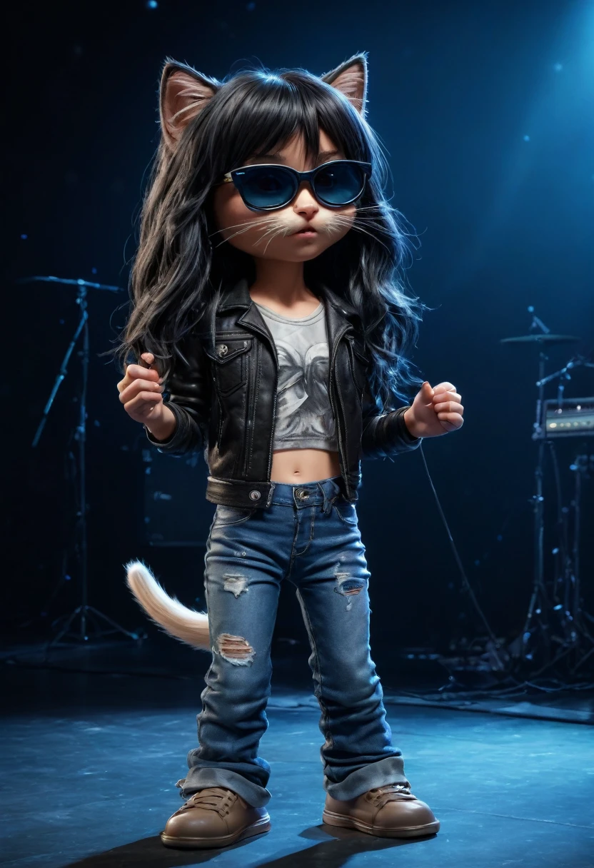 Cute anthropomorphic kitten fluffy cartoon with very long hair black with bangs, singing with microphone in hand (black sunglasses with oval lenses) by Joey Ramone digital painting 3d cosplay Ramones pants jeans, All Star shoes in the background concert stage with several lights blue, isometric view, Cinematic, Hyperrealistic, Backlit, Extremely low angle, Highly detailed, scaled down, Unrealistic rendering, 16K