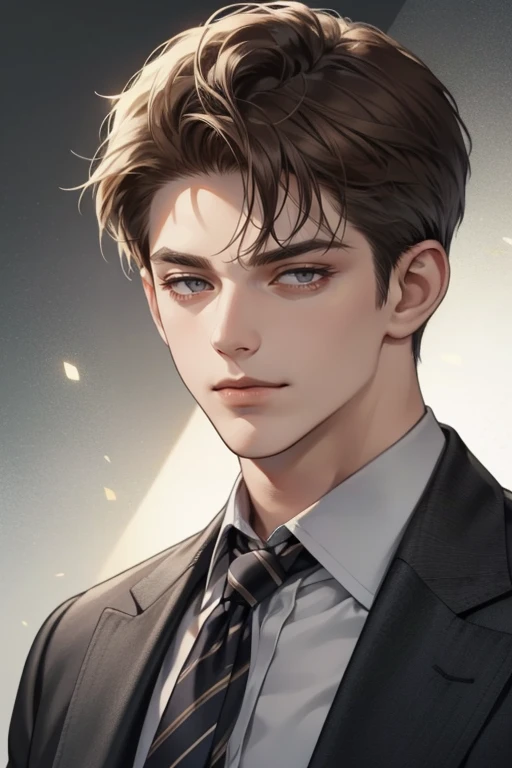 masterpiece, best quality, realistic, 1man, mature male, quiet and charming young man, 25 years old, close his eyes, serious look, extremely detailed face, ((dark grey eyes)), ((short-right-swept dark brown hair)), [thick eyebrows], detective, plain background, ((suit)), cinematic lighting, looking at the audience, posture dynamics, smirk