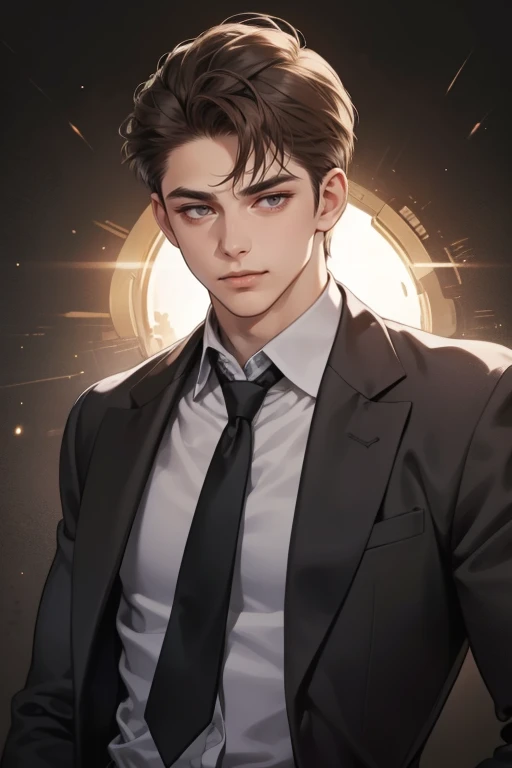 masterpiece, best quality, realistic, 1man, mature male, quiet and charming young man, 25 years old, close his eyes, serious look, extremely detailed face, ((dark grey eyes)), ((short-right-swept dark brown hair)), [thick eyebrows], detective, plain background, ((suit)), cinematic lighting, looking at the audience, posture dynamics, smirk