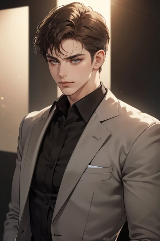 masterpiece, best quality, realistic, 1man, mature male, quiet and charming young man, 25 years old, close his eyes, serious look, extremely detailed face, ((dark grey eyes)), ((short-right-swept dark brown hair)), [thick eyebrows], detective, plain background, ((suit)), cinematic lighting, looking at the audience, posture dynamics, smirk