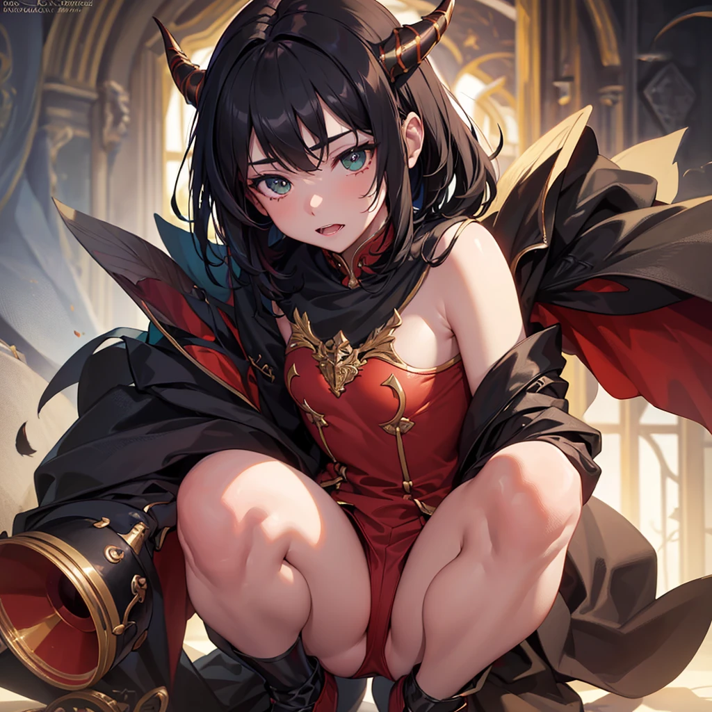 14 year old boy, mischievous with red skin, cute, playful, black hair, green eyes, sharp teeth, sharp tail, small horns, tattered clothes, (best quality,4k,8k,highres,masterpiece:1.2),ultra-detailed,(realistic,photorealistic,photo-realistic:1.37),fantasy,digital painting,extremely detailed face and eyes,detailed portrait,intricate details,cinematic lighting,warm color tones,vibrant colors,dynamic composition