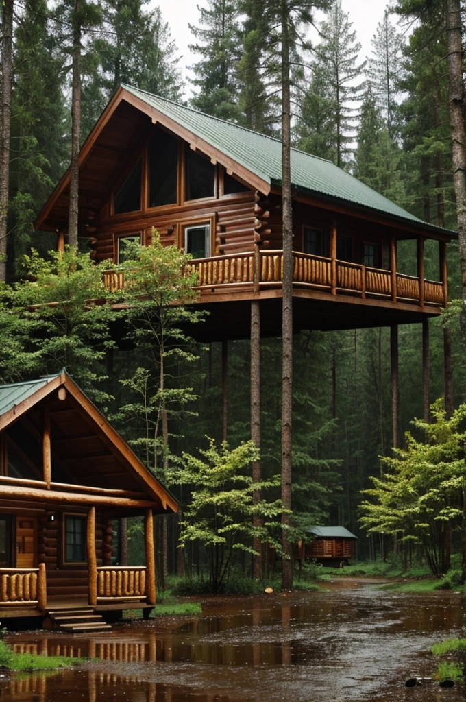 Cabins inside the forest with rain
