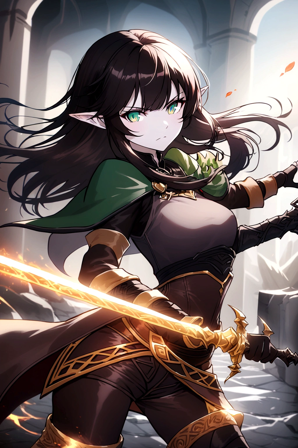 Young elven woman, pale skin, brown hair, green eyes, black short clothes, small, dark fantasy, long ears, bladedancer