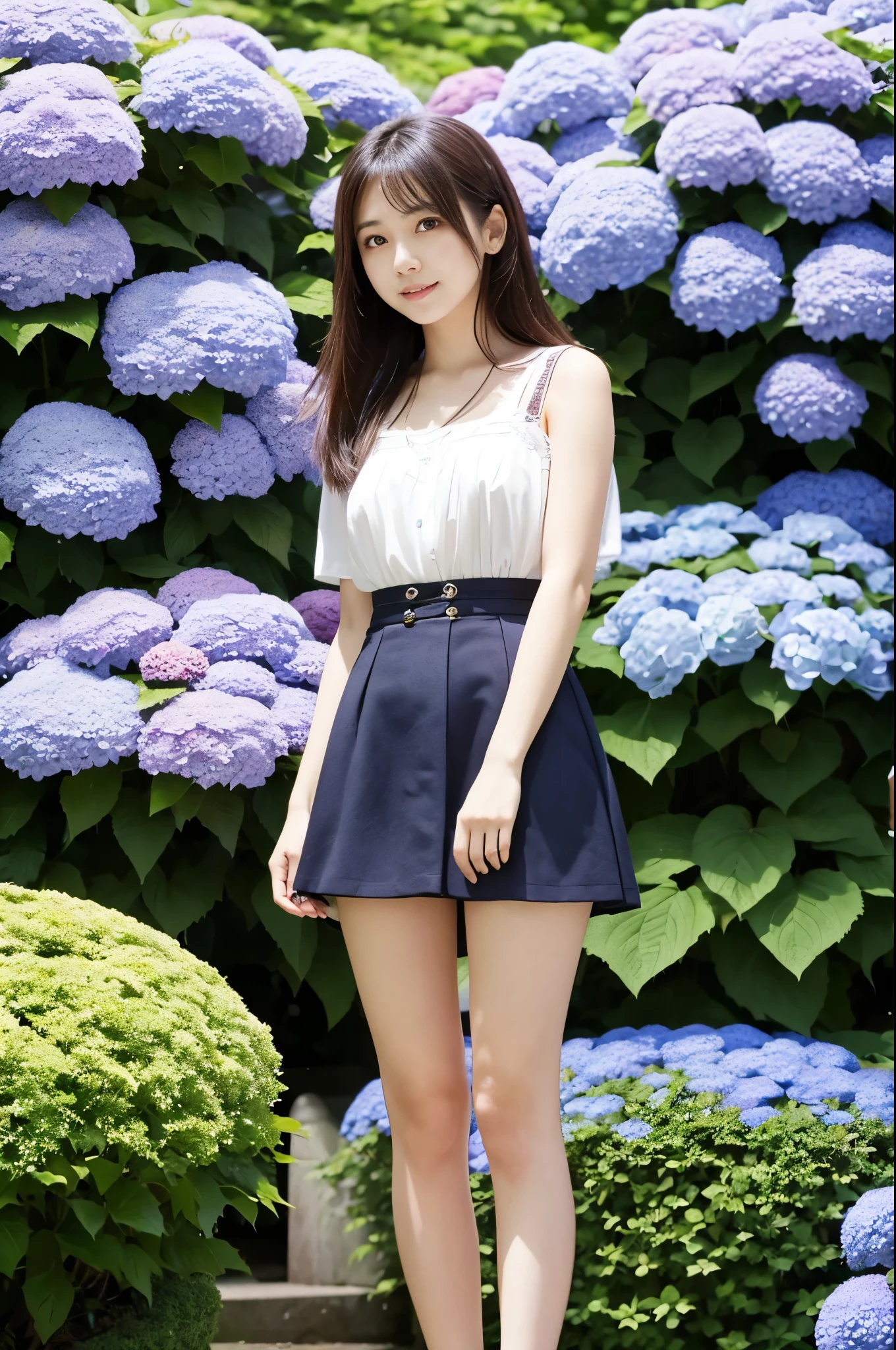 A 21-year-old girl wearing a miniskirt、In the hydrangea park。