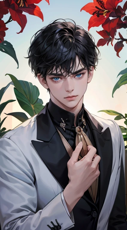 ((masterpiece)),(((best quality))), (detailed light) (detailed shadow), (high quality, breathtaking),(expressive eyes, perfect face), 1man, solo, male, tall, (mature), board shoulder, muscular, short black Quiff hair with Soft Fringe (bangs part on side 3:7 ratio), blue eyes, no smiling, black suit, black tie, Amaryllis flower background, flower petal flying, windy, look at viewer