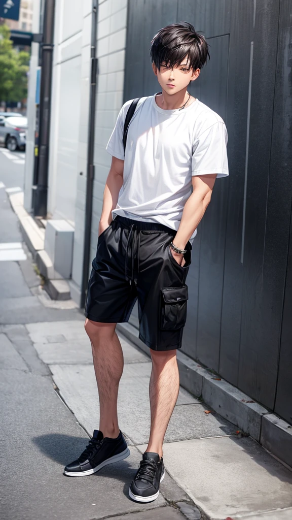 Fade haircut, white shirt, black cargos 