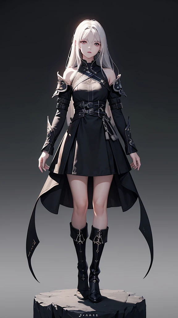 game design，beautiful, best quality,1 Girl, Looking at the audience, Female Warrior，detail，（DNF） ((Strong contrast)),，Wearing a black dress，boots，White long hair。（（White background））Standing posture。