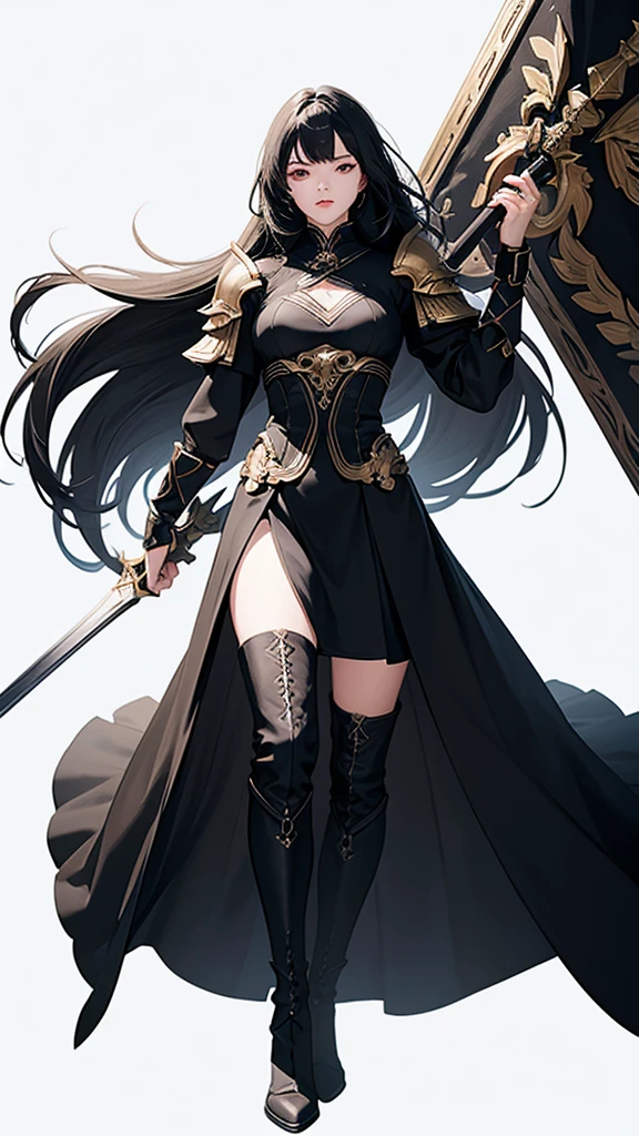 game design，beautiful, best quality,1 Girl, Looking at the audience, Female Warrior，detail，（DNF） ((Strong contrast)),，Wearing a black dress，boots，White long hair。（（White background））Standing posture。