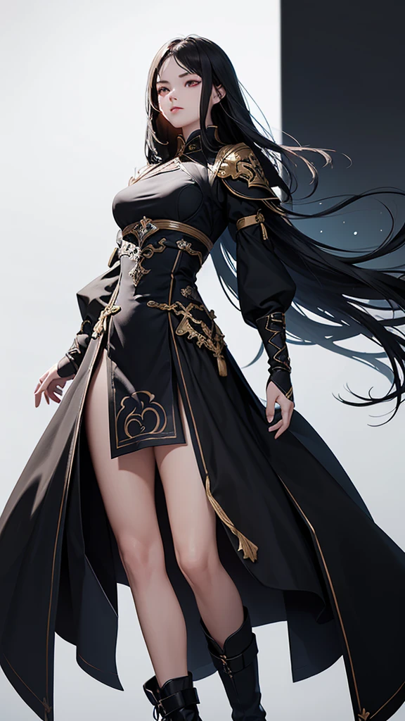 game design，beautiful, best quality,1 Girl, Looking at the audience, Female Warrior，detail，（DNF） ((Strong contrast)),，Wearing a black dress，boots，White long hair。（（White background））Standing posture。