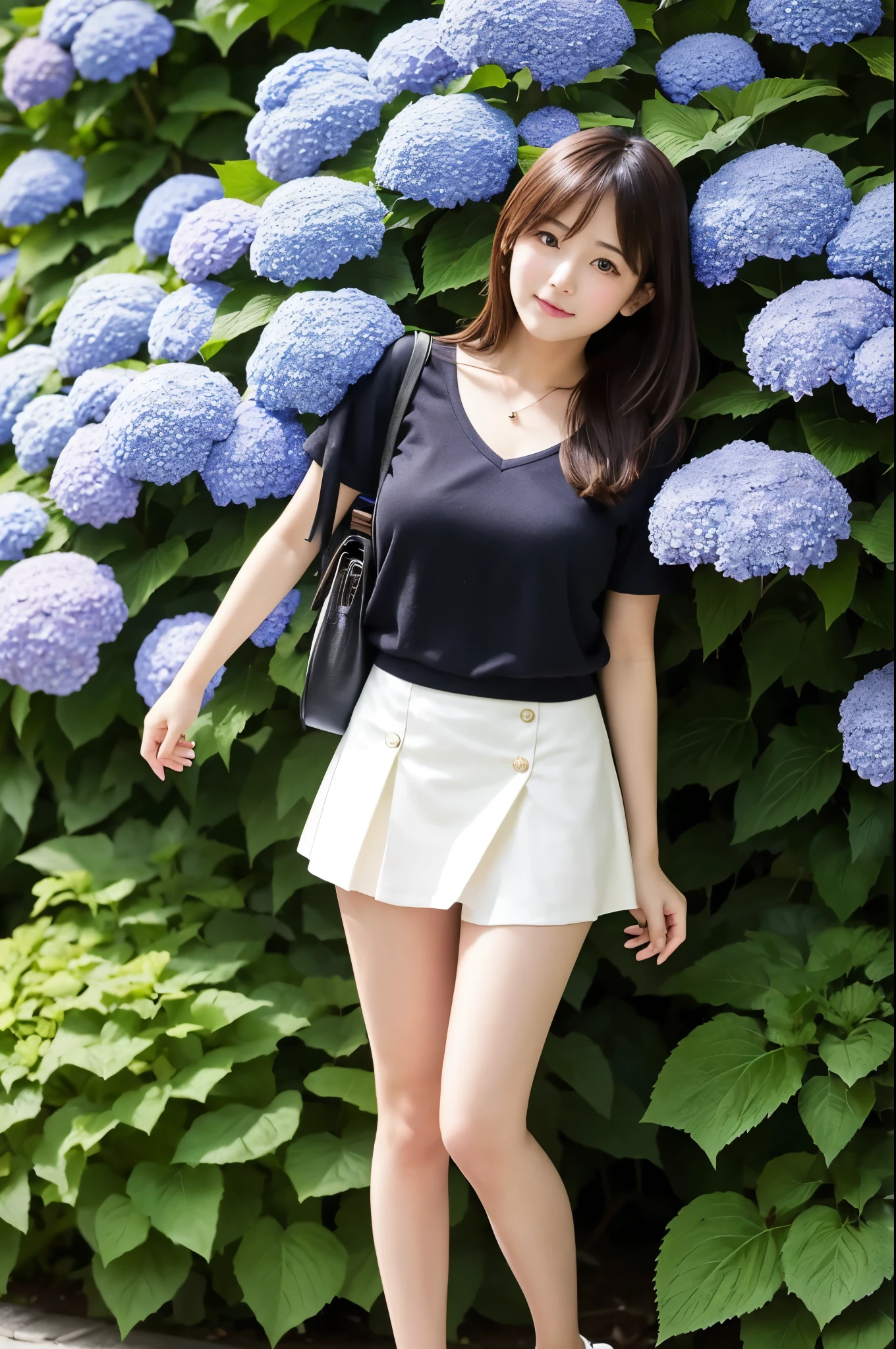 A 21-year-old girl wearing a miniskirt、In the hydrangea park。