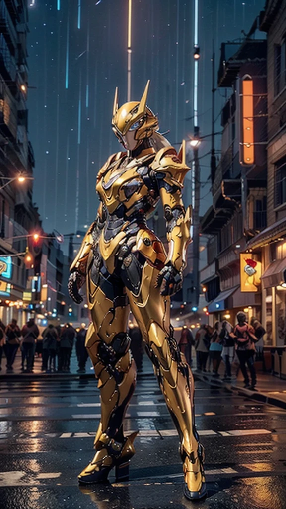 A woman adorned in fantasy-style full-body armor, a crown-concept fully enclosed helmet that unveils only her eyes, a composite layered chest plate, fully encompassing shoulder and hand guards, a lightweight waist armor, form-fitting shin guards, the overall design is heavy-duty yet flexible, ((the armor gleams with a golden glow, complemented by red and blue accents)), exhibiting a noble aura, she floats above a fantasy-surreal high-tech city, this character embodies a finely crafted fantasy-surreal style armored hero in anime style, exquisite and mature manga art style, (Queen bee mixed with Spider concept Armor, Nordic woman), ((night sky, city night view, elegant, goddess, femminine:1.5)), metallic, high definition, best quality, highres, ultra-detailed, ultra-fine painting, extremely delicate, professional, anatomically correct, symmetrical face, extremely detailed eyes and face, high quality eyes, creativity, RAW photo, UHD, 32k, Natural light, cinematic lighting, masterpiece-anatomy-perfect, masterpiece:1.5
