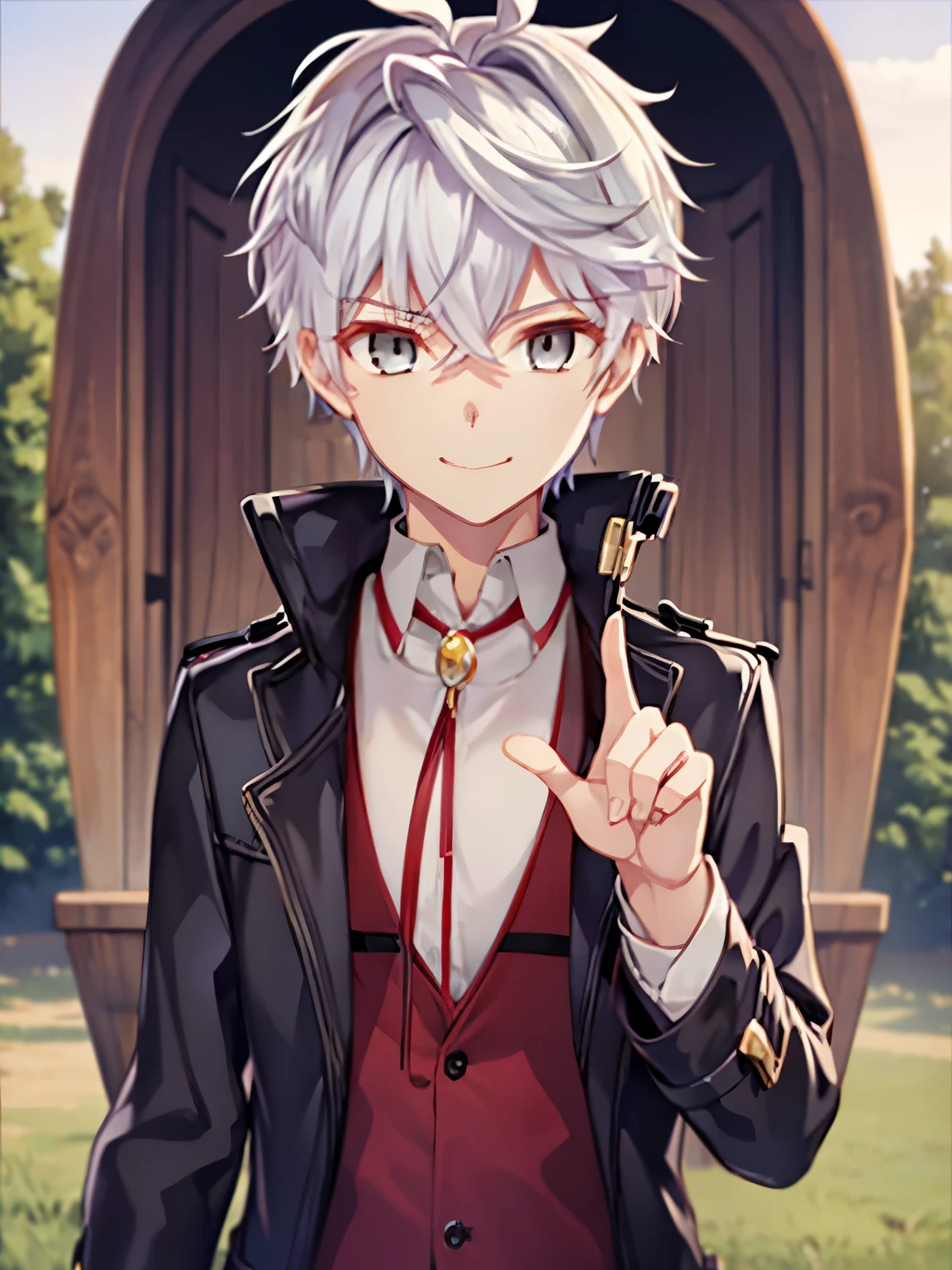 score_9, score_8_up, score_7_up, source_anime, rating_safe, intricate details, , looking at viewer, , 1boy, solo, male focus, lugh_tuatha_de, grey hair, grey eyes, short hair, hair between eyes, bangs, asymmetrical,smile, grass, tree, day, v, peace sign, Two finger pose