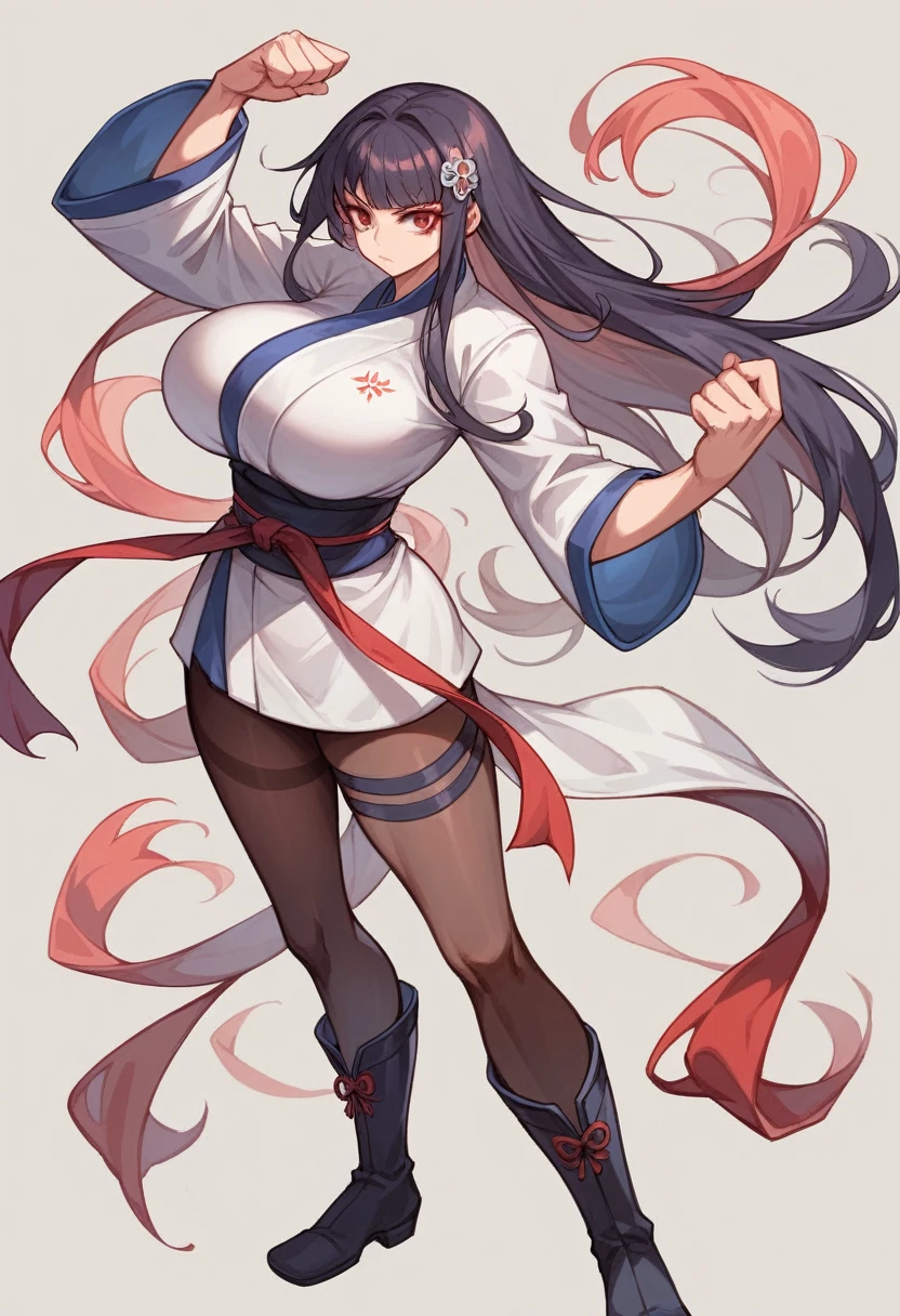 1 handsome woman, whole body, Black long hair, Gorgeous hair accessories, Red Eyes, boots, rad hanfu, martial arts master,Tall, Slender and fleshy thighs,Pantyhose,Thigh straps,huge 、huge breasts,High detail showing chest, Big Ass,Ultra-high resolution, Clear focus, Epic Composition, masterpiece, (Highly detailed CG Unity 8k wallpaper)