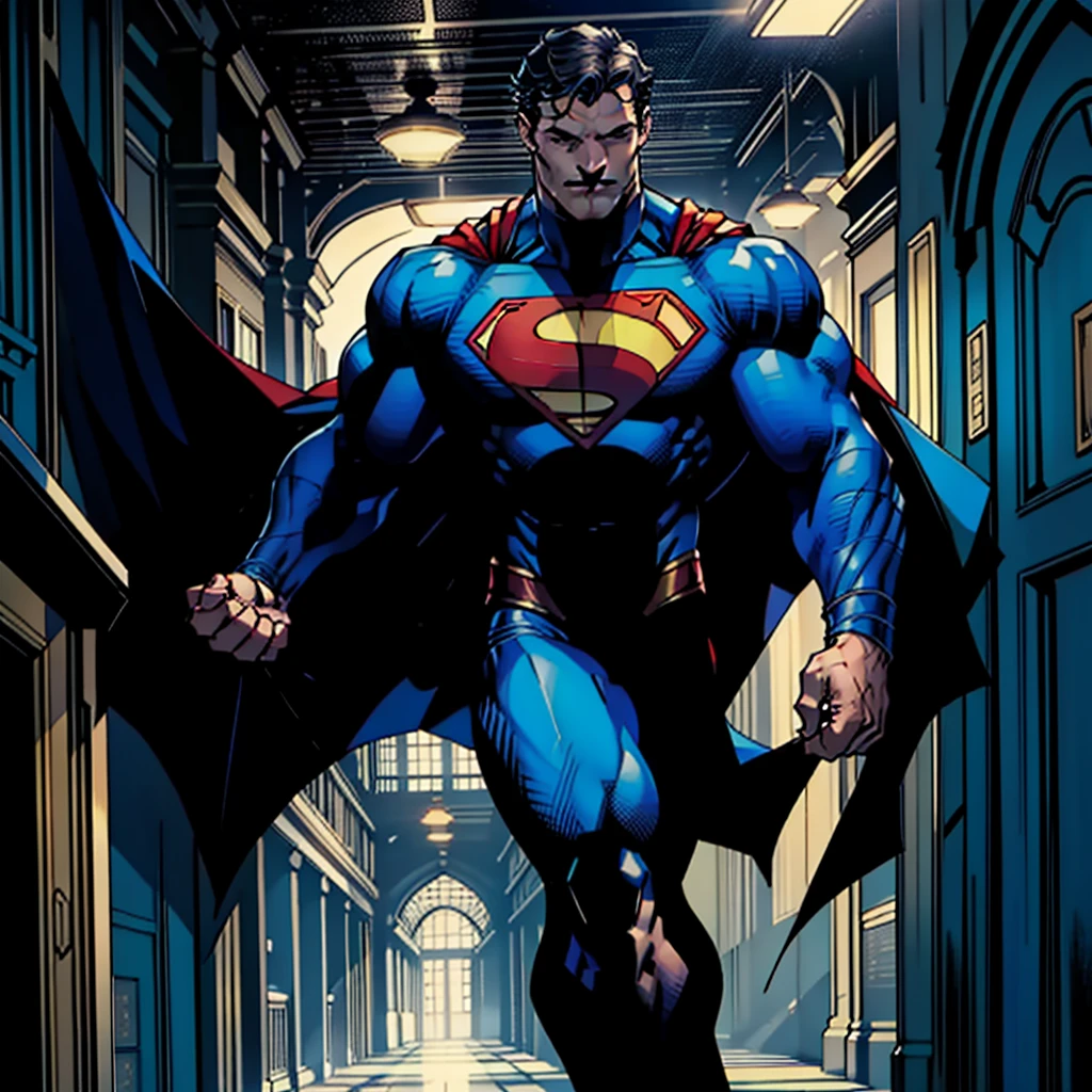 In a masterpiece of high resolution,1 solo man, a 35-year-old man stands alone, elegantly posed against the backdrop of a dark, gloomy hallway. The man is identified as Henry CAVILL, known for his tactical prower, and he is dressed in superman suit, highlighted by the blue flying cape, which reveals his well-defined biceps, abs, and chest., adding an air of professionalism to the image.

With a smirk on his face, henry cavill towers over the scene, a sign of his dominance and supremacy 