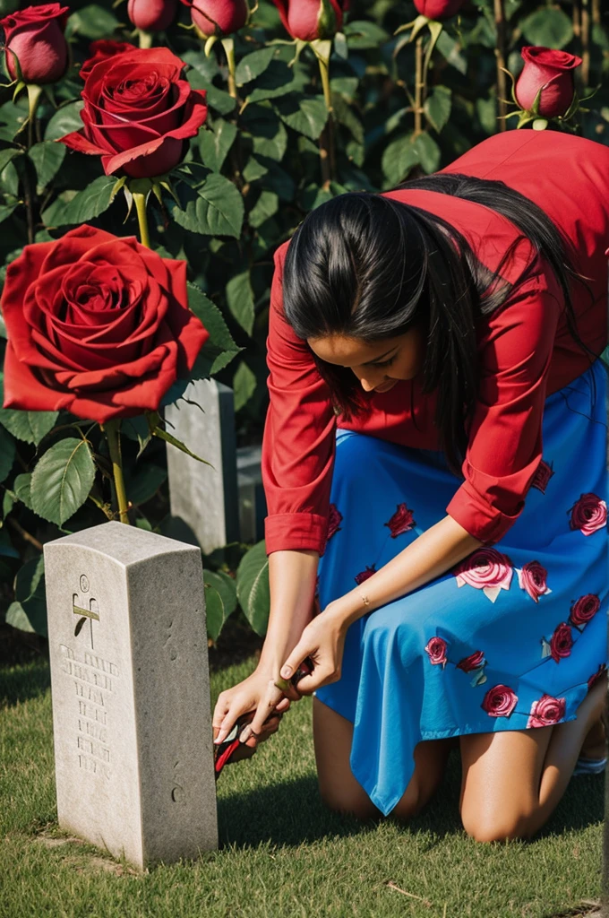 A abstract painting of a woman kneeling down at the foot of a grave, holding a rose