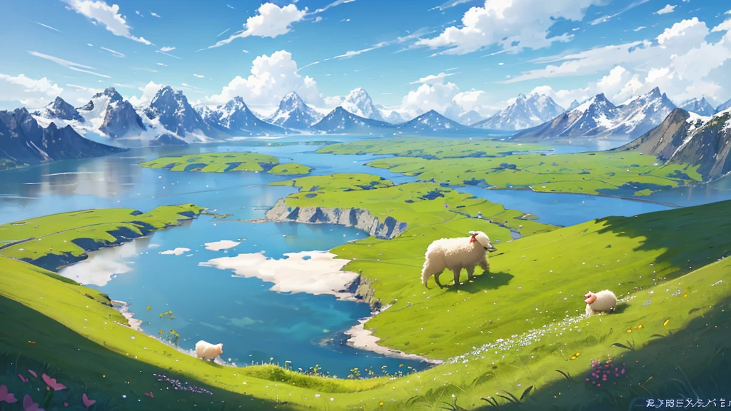 summer, grassland, A few small flowers, Clear lake, sheep, Heaven, Big Cloud, Blue sky, Hot weather, High-resolution details, Wet watermark, Ultra Detail, Movie, Surrealism, Soft Light, Deep field focus bokeh, The vista is snow-capped mountains, Ray Tracing, and Surrealism. --v6