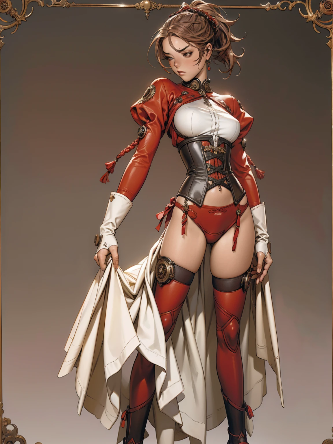 (((red suit))), red is the predominant color, ((love the league))), ((( red victorian corset ))), 1 girl, (((standing alone))), Poster, Russian propaganda style, pirralha violent, 14歳, sexy, pose de atitude, work of art, post-apocalypse, (((manga style))), redhead with white highlights, bounty hunter, violent, Manic, the way you want, slenderbody, thin but strong, perfectbody, roupa moderna, advanced technology, messy bob hair, colored hair, (((best qualityer))), tiny micro skirt with checkered pattern in red and black, Victorian bodice with braided cord, “X” breast cover, love vitoriana league, ((pose sexy)), background wall with absurdly detailed gears and machines, (( from the knee up )). intricate visual, steampunk style