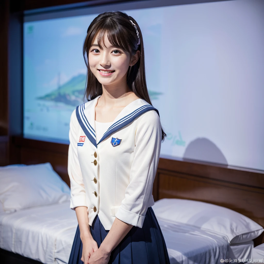 One girl,  alone, Holding his hand over a bed phone with a microphone，Smileみ,  (Super Masterpiece), (Realistic), (Ultra fine), (beautiful),  White background, Professional Lighting,  (Highest quality, 64k, masterpiece), とてもbeautifulLong face顔, Japanese Model, clavicle, Artistic Space, Ultra HD, (Photorealistic:1.1), RAW Photo, Natural landscape, Big eyes, Black brown hair, Standing, Standing全身, Smile, Full body photo, Long face, Sailor suit girl, Using a bed phone with a microphone