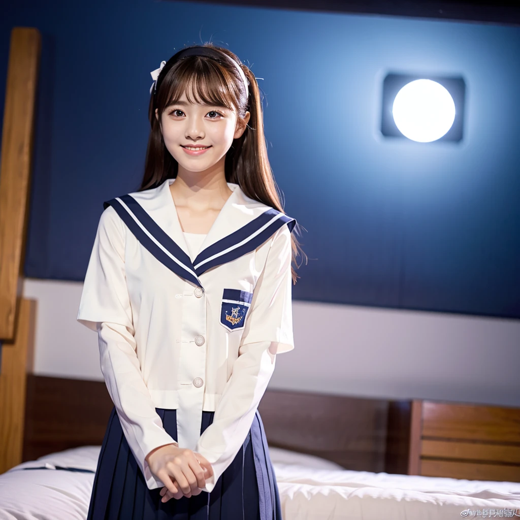 One girl,  alone, Holding his hand over a bed phone with a microphone，Smileみ,  (Super Masterpiece), (Realistic), (Ultra fine), (beautiful),  White background, Professional Lighting,  (Highest quality, 64k, masterpiece), とてもbeautifulLong face顔, Japanese Model, clavicle, Artistic Space, Ultra HD, (Photorealistic:1.1), RAW Photo, Natural landscape, Big eyes, Black brown hair, Standing, Standing全身, Smile, Full body photo, Long face, Sailor suit girl, Using a bed phone with a microphone