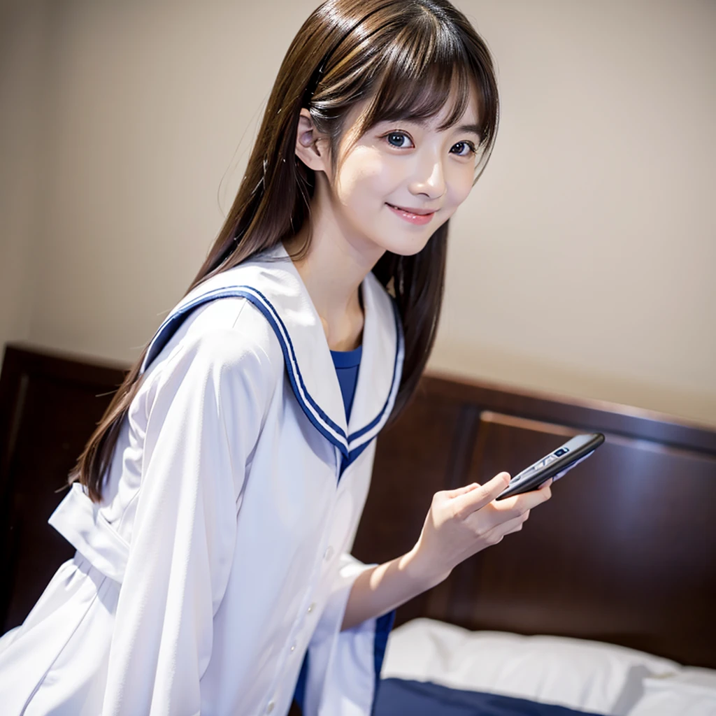 One girl, alone, Holding his hand over a bed phone with a microphone,Smileみ, (Super Masterpiece), (Realistic), (Ultra fine), (beautiful), White background, Professional Lighting, (Highest quality, 64k, masterpiece), とてもbeautifulLong face顔, Japanese Model, clavicle, Artistic Space, Ultra HD, (Photorealistic:1.1), RAW Photo, Natural landscape, Big eyes, Black brown hair, Standing, Standing全身, Smile, Full body photo, Long face, Sailor suit girl, Using a bed phone with a microphone