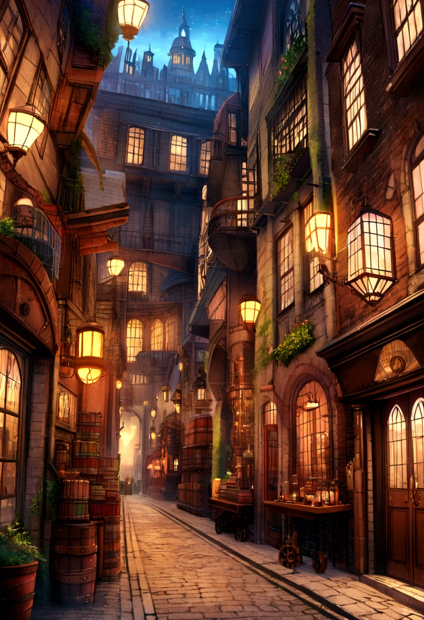 Diagon Alley, Harry Potter/books/, Steampunk atmosphere, Steampunk technology, Steampunk landscape, steampunk building, Steampunk street, Steampunk Style, 8K, High resolution, Extremely detailed images, high quality、Night view