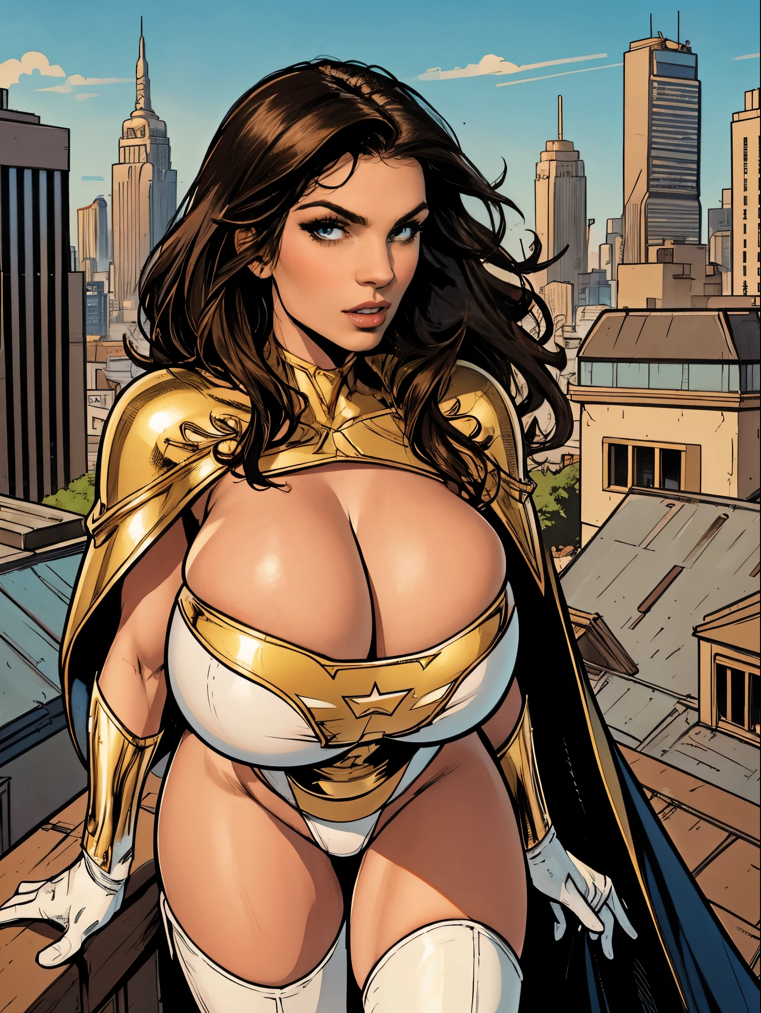 Gorgeous and sultry busty athletic (thin) brunette with sharp facial features and a (large nose) and (huge boobs) wearing a white and gold superhero leotard, cape, gloves, thigh-high boots. City skyline, rooftops.