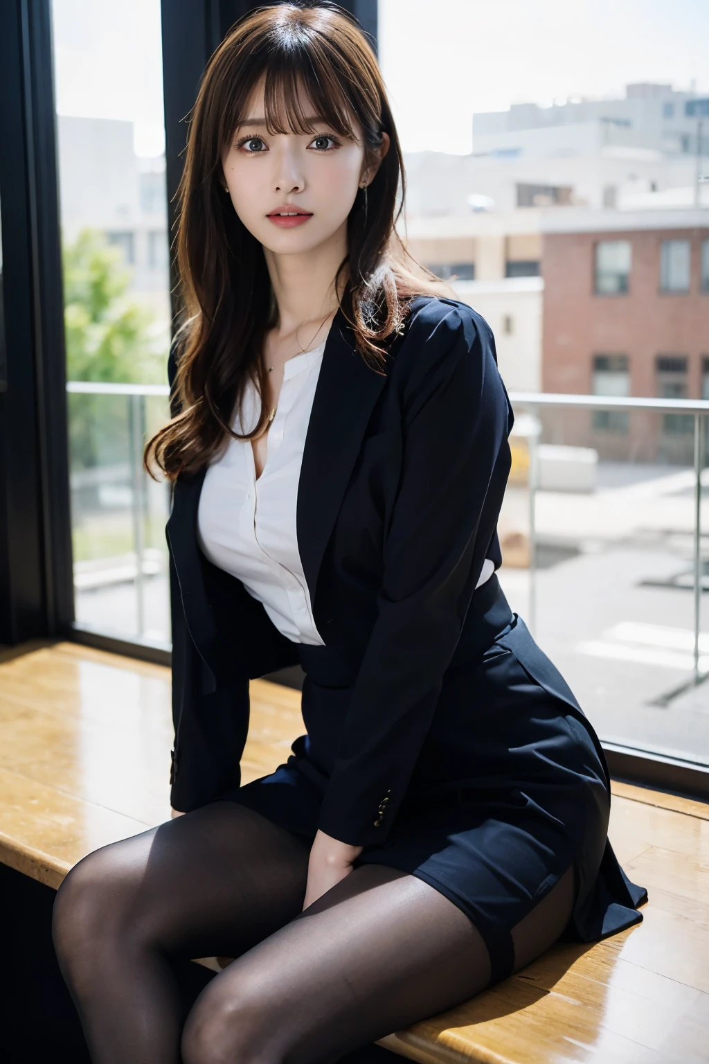 An elegant, upper-class, elite secretary in a business shirt, Working in the office、厳格なsuitを着ている, Wearing pantyhose、Wear high-quality high heels、 Girl in a shirt, suitを着ている, suitを着ている, suitを着て, Businesswoman, Business Wear, グレーのsuitを着ている, Wear a shirt and skirt, suitを着た女性, suit, ビジネスsuit, RAW Photos, (8K、Highest quality、masterpiece:1.2)、(Intricate details:1.4)、(Photorealistic:1.4)、Octane Rendering、Highly detailed and intricate 3D rendering, Big city office district, Rim Light, Crisp details, Super detailed, Realistic skin texture, Detailed aspect, Beautiful attention to detail, (Detailed Background:1.2), Exposed thighs!!!,(Open Leg 1.5).Panties Pensive Lingerie), The fourth button of her blouse is open, Exposed Skin, Protruding nipples.