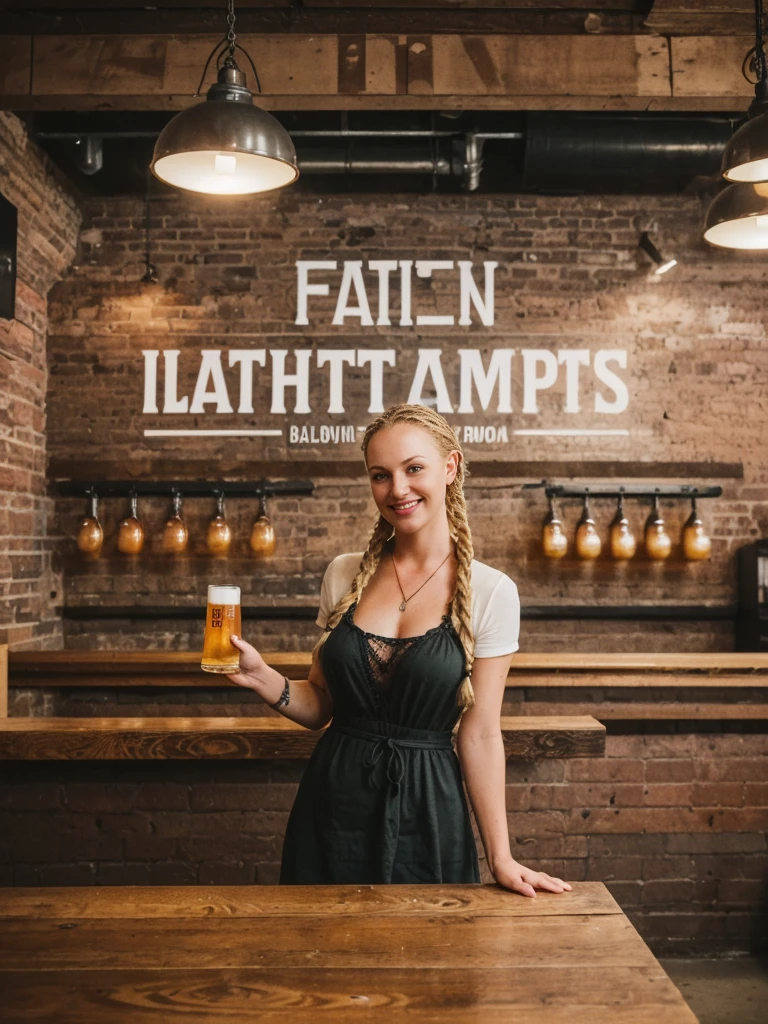 solo, realistic, photorealistic, natural lighting, (large forehead, (((Latvian woman))), (((Latvian nose))), (((Latvian eyes))), (((blonde))), (((braids))), (((Latvian face))), (((Latvian lips))), (((Latvian body))), (((fair complexion))) pose: standing, smiling, wearing Boho Maxi Dress , cleavage, background: Situated in an industrial district-turned-hipster enclave, The Craft Brewpub is a hub for beer enthusiasts and aficionados of local flavors. The interior boasts exposed brick walls, industrial lighting, and communal tables made from reclaimed wood. Behind the bar, gleaming stainless steel tanks showcase the brewing process, while chalkboards list rotating taps of small-batch beers brewed on-site. Patrons engage in lively discussions about hop profiles and brewing techniques, sampling flights of IPAs, stouts, and seasonal ales. The atmosphere is convivial, with a focus on community, creativity, and the art of craft brewing.
